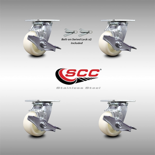 Service Caster 4 Inch Stainless Steel Nylon Caster Set with Roll Bearings 4 Brake 2 Swivel Lock SCC-SS30S420-NYR-TLB-BSL-2-TLB-2 - main